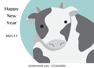 New Year's card illustration with Holstein cow close up.