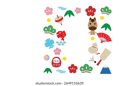 New Year's card illustration with horse characters and lucky charms.