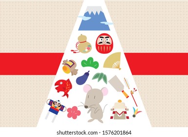 New Year's card illustration with mice and lucky charms arranged in a mountain shape.