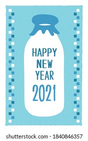 New Year's card with an illustration of a milk bottle