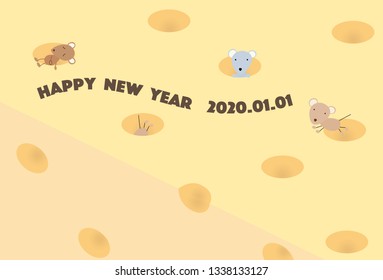 New Year's card illustration of a mouse playing with cheese.