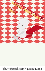 New year's card illustration with a mouse and a checkered pattern.