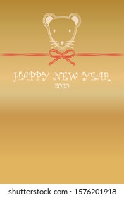 New Year's card illustration with a mouse made with mizuhiki and hand-drawn pine, bamboo, and plum.