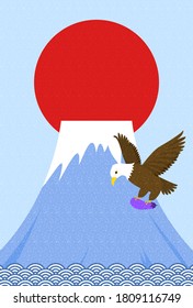 New Year's card illustration of Mt. Fuji, hawk and eggplant