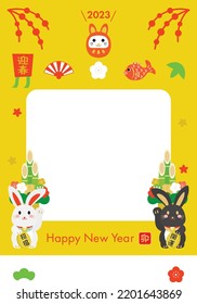 New Year's card illustration with photo frame of the Year of the Rabbit and Japanese letter. Translation : "Greeting the New Year" "Rabbit" "Good luck Charm" "Good luck"