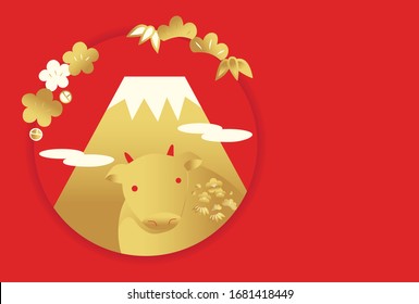 New Year's card illustration with pine, bamboo, plum, cow and Mt. Fuji in the background.  (Red / Gold / White)