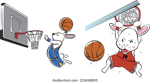 New Year's card illustration of a rabbit dunking a rabbit.