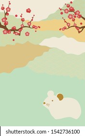 New year's card illustration with rat, plum tree and Japanese pattern.