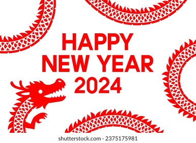 Ilustración de la tarjeta de Año Nuevo del texto "AÑO NUEVO FELIZ 2024" y un marco rodeado por un dragón rojo