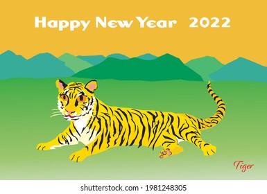 New Year's card illustration of the tiger in the greenfield of the Year of the Tiger