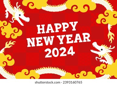 New Year's card illustration of two white dragons and golden clouds frame and “HAPPY NEW YEAR 2024” text on red checkered pattern background with various traditional Japanese patterns