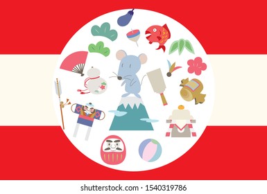 New Year's card illustration in which mice and lucky charms are arranged in a round shape.