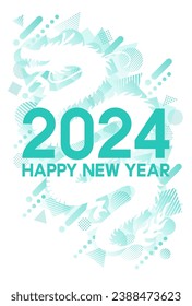 New Year's card illustration with a white dragon silhouette and the words “2024 HAPPY NEW YEAR” on a blue green geometric background