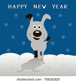 New Year's card with the image of a funny dog in cartoon style on the snow. Vector illustration. EPS 10 vector file organized in layers for easy editing.
