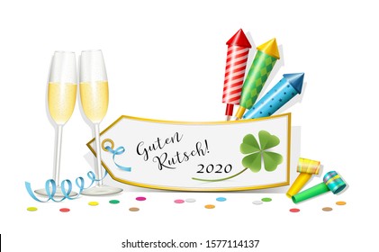 New Year's card with inscriptions „Guten Rutsch“ (tradition german names for festival) with champagne glasses, 
rockets, cards, trumps and text,
Vector illustration isolated on white background
