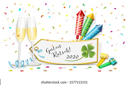 New Year's card with inscriptions „Guten Rutsch“ (tradition german names for festival) with champagne glasses, Confetti,
rockets, cards, trumps and text,
Vector illustration isolated on white backgrou