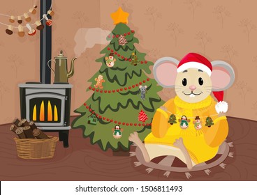 New Year's card. A little rat. 2020 of the rat. Chinese New Year. Cartoon vector illustration.