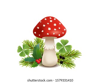 New Year's card lucky mushroom, fly agaric with ilex branch, shamrocks, fir branches and berries,
Vector illustration isolated on white background
