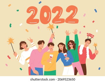 New Year's card. Many people are celebrating the year 2022. flat design style vector illustration.