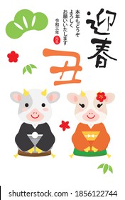 New Year's card of married couple of ox and cow and Japanese letter. Translation: "Welcoming spring. Please treat me this year as well as you did last year. January 1, 2021. Ox."