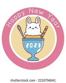 New Year's card material for 2023 with rabbit-shaped ice cream and Happy New Year