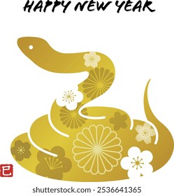 Material de la tarjeta del año Nuevo con una serpiente enrollada y el patrón tradicional japonés. el personaje de japanease "mi" es una serpiente del zodiaco