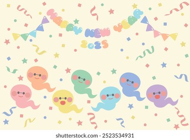 New Year's card material Cute snake character for the year of the snake New Year's postcard template(The text in the illustration says Happy New Year in Japanese)