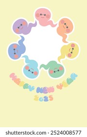 New Year's card material Cute snake character for the year of the snake New Year's postcard template(The text in the illustration says Happy New Year in Japanese)