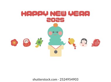 New Year's card material Cute snake character for the year of the snake New Year's postcard template(The text in the illustration says Happy New Year in Japanese)