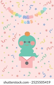 New Year's card material Cute snake character for the year of the snake New Year's postcard template(The text in the illustration says Happy New Year in Japanese)