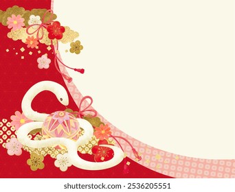 New Year's card material with Japanese pattern of white snake and flowers Translation: Snake