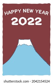 Material de la tarjeta de Año Nuevo con la ilustración del Monte Fuji y personajes de Año Nuevo Feliz con un simple fondo rojo