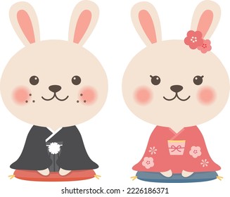 New Year's card material Rabbit illustration (kimono)