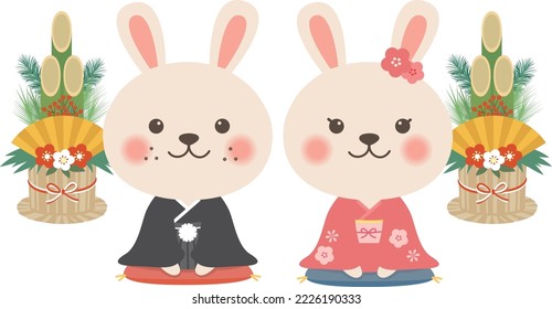 New Year's card material Rabbit illustration 
kimono