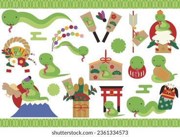 New Year's card material set with cute Year of the Snake illustrations