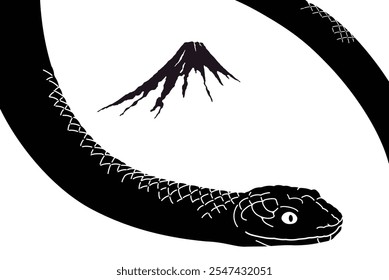 Material de la tarjeta del Año Nuevo para el Año de la Serpiente con una serpiente y el Monte Fuji