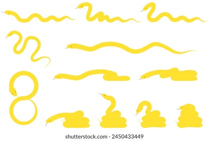 New Year's card material for the year of the snake 2025, golden snake pose set, Vector Illustration