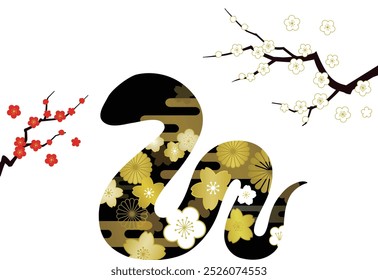 New Year's card material for the Year of the Snake with Plum tree and Japanese style pattern