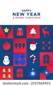 New Year's card in a minimalist design with Santa, toys, deer and candy cane. Merry Christmas and Happy New Year banner.
