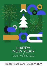 New Year's card with a minimalistic design. Colored shapes on a green background. Merry Christmas and Happy New Year banner.