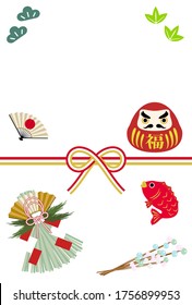 New Year's card: Mizuhiki and Daruma, sea bream, New Year decoration design
Japanese traditional New Year greetings
Translation: Fortune