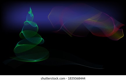 New year's card in a modern style. Stylized fir tree , the snow and the Northern lights against the dark sky.