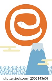 New Year's card with Mt. Fuji, blue sea waves, and the first sunrise of the year of the snake in 2025, Textless type 