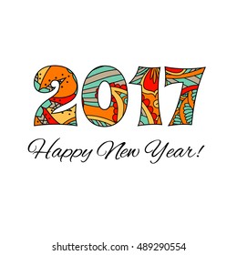 New year`s card with numbers 2017 isolated on white background. Zentangle inspired style. Zen colorful graphic. Image for calendar and congratulation card. Editable vector illustration