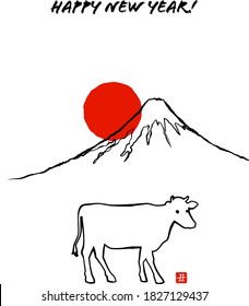New Year's card of Ox by line drawing Mt. Fuji and sunrise.(japanease charactor stamp “ushi” is new year greeting Decorations of zodiac ox stamps)