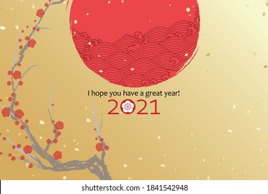 New Year's card with plum branches and wavy first sunrise, which is often used for New Year decoration in Japan