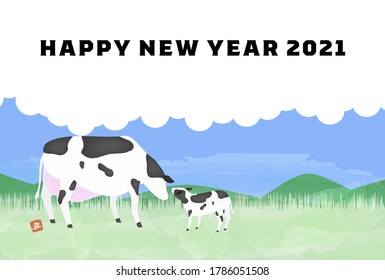 New Year's card postcard template Illustration of Holstein in the ranch, oxen year 2021