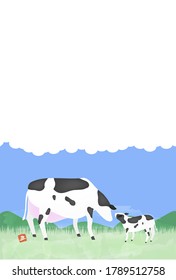 New Year's card postcard template Illustration of Holstein in the ranch, oxen year 2021