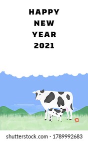 New Year's card postcard template Illustration of Holstein in the ranch, oxen year 2021 - Translation: cow