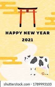 New Year's card postcard template 2021 ox year, image of cow of the first year of the shrine and the messenger of God - Translation: cow